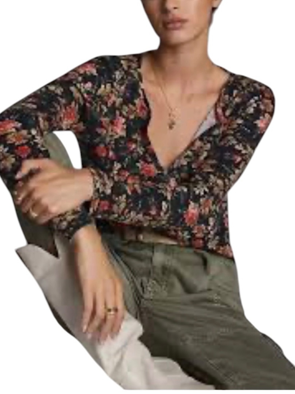 Anthropologie Pilcro Womens Split-Neck Long Sleeve Floral Thermal Top Shirt XL